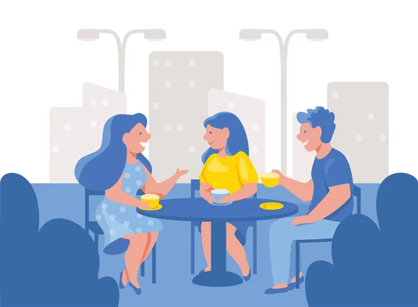 屋外カフェでコーヒーを飲む友人。座って話し、お茶を飲みながら座っている幸せな人々のグループは微笑んでいる. — ストックベクタ