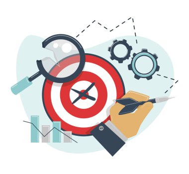 Yanlış hedefleme kavramı. Kırık büyüteç, dişli. Yanlış hedef. Rekabette yenilgi, hedef belirlemeye inanmama, iş durgunluğu