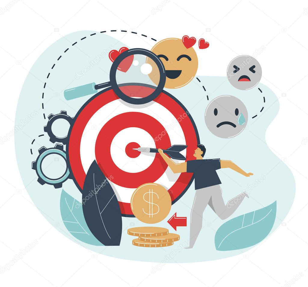 Emotional targeting concept. Man hits target with dart. Advertising emotions settings for target market, audience.