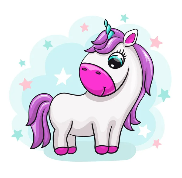 Unicornio bebé lindo estampado. Pequeño pony dulce. Animal fresco con fondo de estrella — Archivo Imágenes Vectoriales