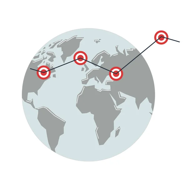 Globus mit Schlüsselpunkten. Wachstumsdiagramm auf dem Hintergrund der Landkarte des Festlandes. — Stockvektor