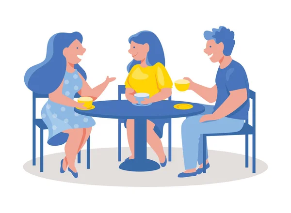 Amigos tomando café en un café al aire libre. Grupo de personas felices sentados, hablando, tomar tazas de té sonríen . — Archivo Imágenes Vectoriales