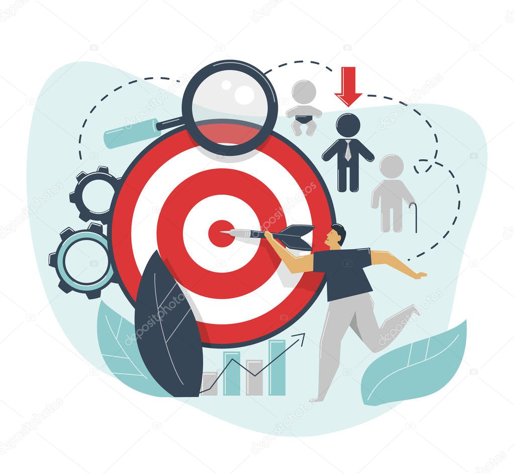 The concept of demographic targeting. A man hits a target with a dart. Advertising settings for the target audience by gender, age, income.