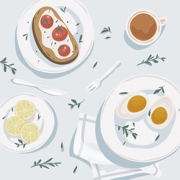 Petit déjeuner vue dessus. Tasse de thé, tranches de citron, pain grillé à l'avocat, un sandwich aux tomates cerises . — Image vectorielle