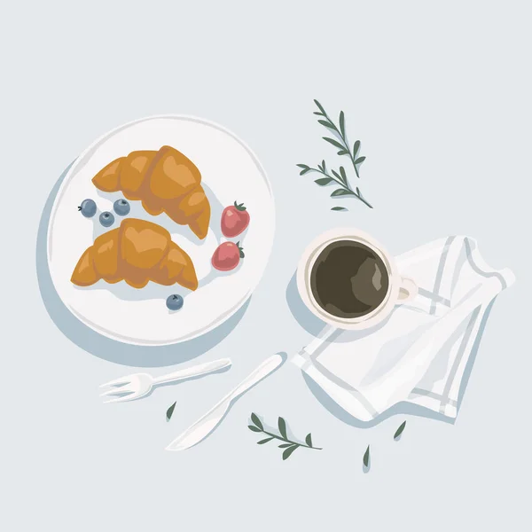 Vista superior do pequeno-almoço. Chávena de café, croissants com bagas frescas. Alimentos saudáveis . — Vetor de Stock