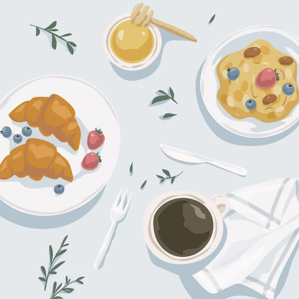 Πρωινό με θέα. Καφές, χυλό, μέλι, κρουασάν με φρέσκα μούρα. — Διανυσματικό Αρχείο