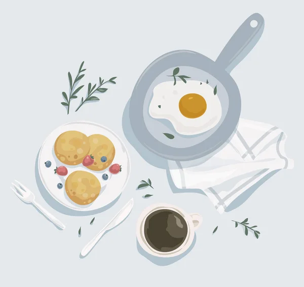 Breakfast top view. Cup of coffee, crepes, and fried eggs in a pan. Vector Graphics