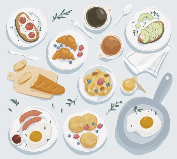 Breakfast top view set. Tea, cofee, lemon slices, avocado toast , tomatoes sandwich, porridge, granola, berries, fried eggs, sausages, chopped loaf Royalty Free Stock Vectors