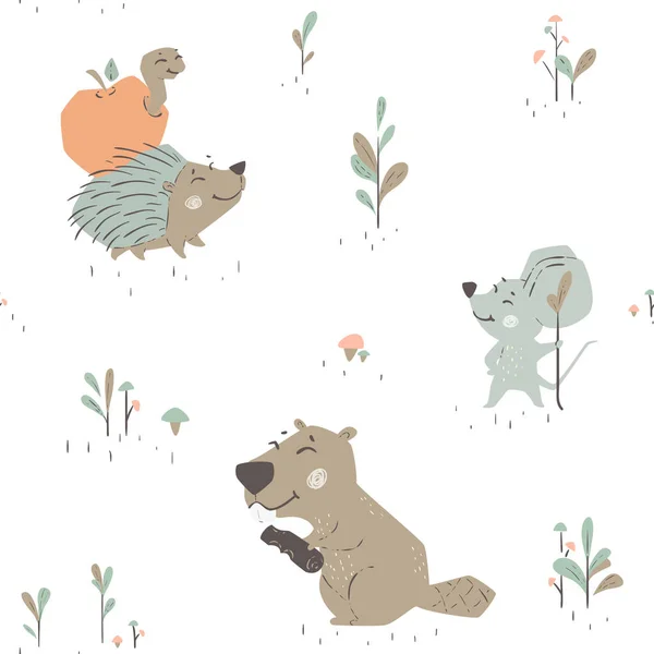 Forest animals seamleaa pattern. Cute wild fiends baby print. Stock Illustration