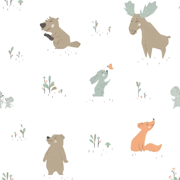 Forest animals seamleaa pattern. Cute wild fiends baby print. — Stock Vector