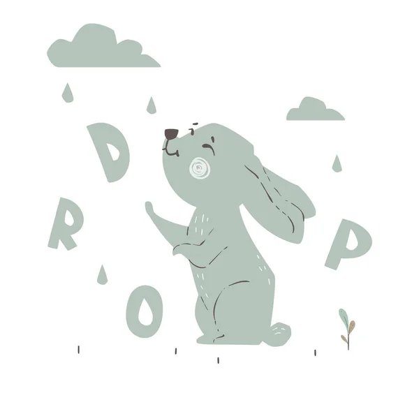 Conejo y gotas de lluvia bebé lindo estampado. Demonios del bosque. Dulce liebre. Vector de stock