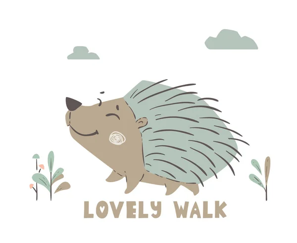 Hedgehog caminar bebé lindo print. Demonios del bosque. Vectores de stock libres de derechos