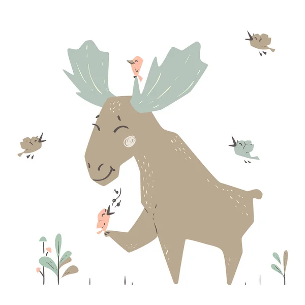Moose baby cute print. Forest fiends. Elk listening to birds singing. Royalty Free Stock Illustrations