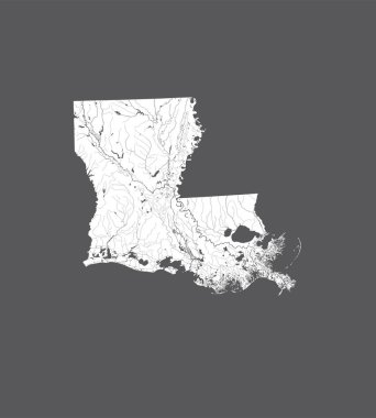 ABD eyaletinden - Louisiana haritası. El yapımı. Nehirler ve göller gösterilir. Lütfen kartografik serisinin diğer benim görüntülere bakın - onlar tüm çok detaylı ve elle çizilmiş dikkatle ile nehirler ve göller.