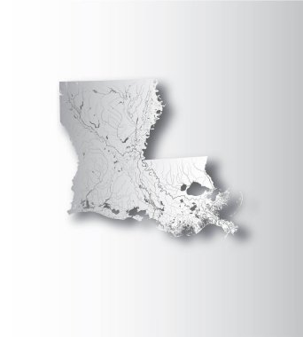 ABD eyaletinden - Louisiana haritası kağıt ile etkisi kesti. El yapımı. Nehirler ve göller gösterilir. Lütfen kartografik serisinin diğer benim görüntülere bakın - onlar tüm çok detaylı ve elle çizilmiş dikkatle ile nehirler ve göller.