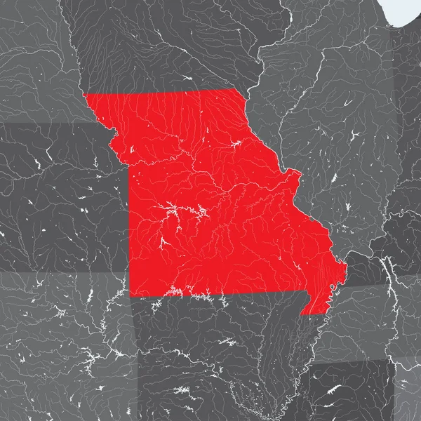 Stanach Usa Mapę Missouri Ręcznie Wykonane Rzeki Jeziora Wyświetlane Proszę — Wektor stockowy