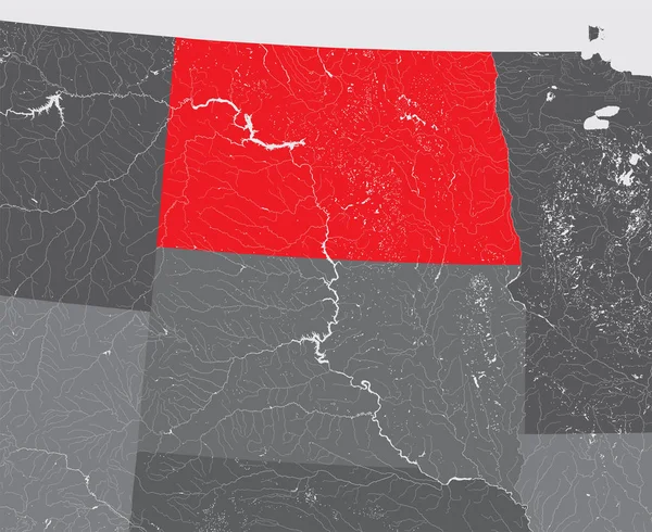 États Unis Carte Dakota Nord Fait Main Rivières Lacs Sont — Image vectorielle
