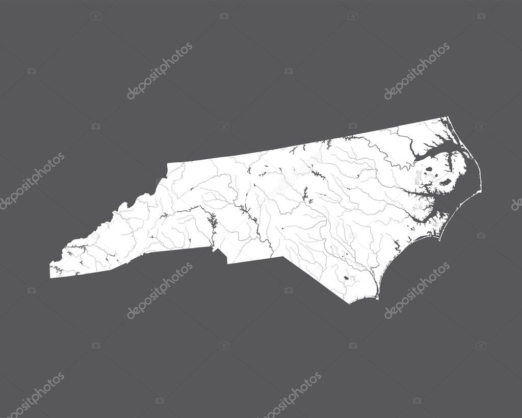 U.S. states - map of North Carolina. Hand made. Rivers and lakes are shown. Please look at my other images of cartographic series - they are all very detailed and carefully drawn by hand WITH RIVERS AND LAKES.