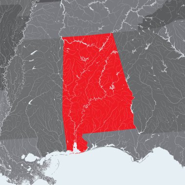 ABD eyaletinden - Alabama haritası. El yapımı. Nehirler ve göller gösterilir. Lütfen kartografik serisinin diğer benim görüntülere bakın - onlar tüm çok detaylı ve elle çizilmiş dikkatle ile nehirler ve göller.