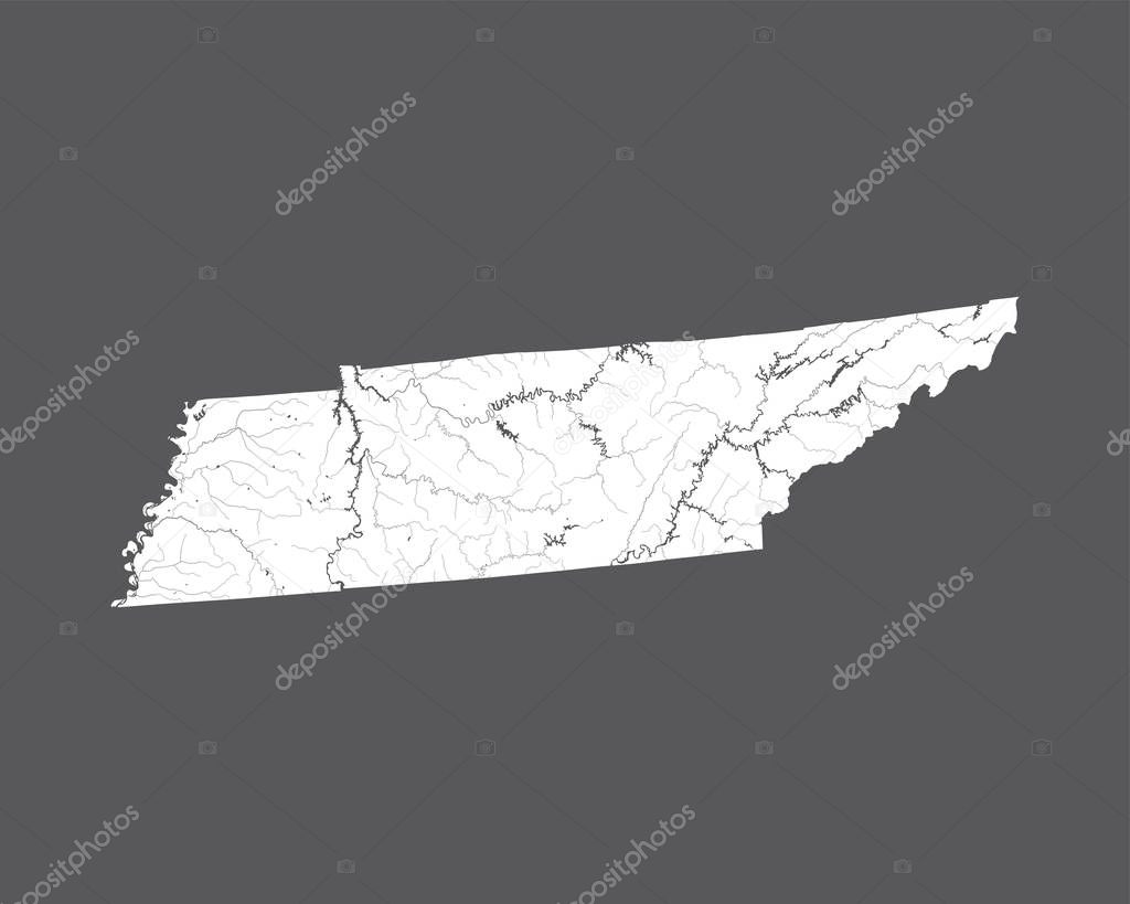 U.S. states - map of Tennessee. Hand made. Rivers and lakes are shown. Please look at my other images of cartographic series - they are all very detailed and carefully drawn by hand WITH RIVERS AND LAKES.