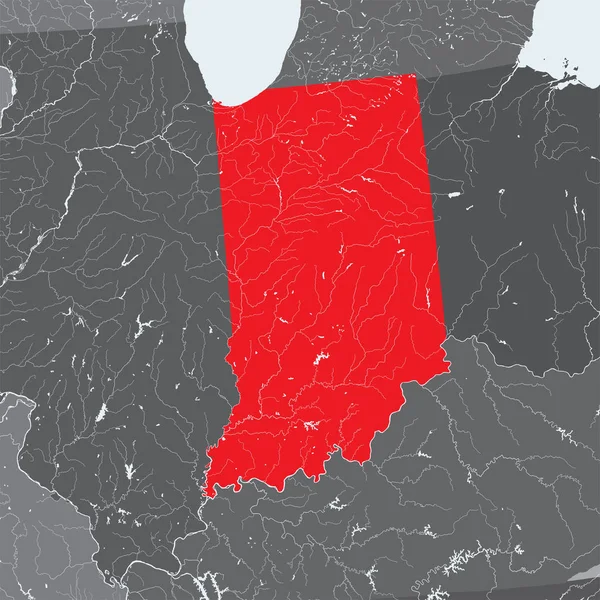 Mapa Států Usa Indiana Ručně Šitý Řeky Jezera Jsou Zobrazeny — Stockový vektor