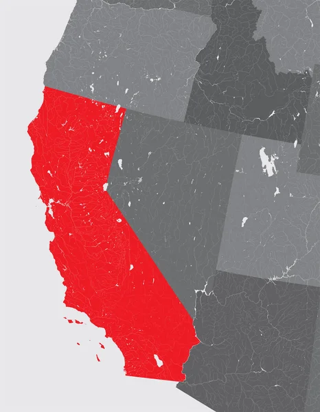 Mapa Států Usa Kalifornie Ručně Šitý Řeky Jezera Jsou Zobrazeny — Stockový vektor