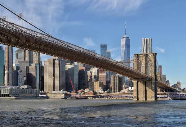View of the Brooklyn Bridge at sunny day.