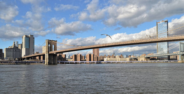 View of the Brooklyn Bridge at sunny day.