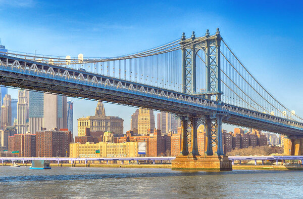 View of the Manhattan Bridge at sunny day.