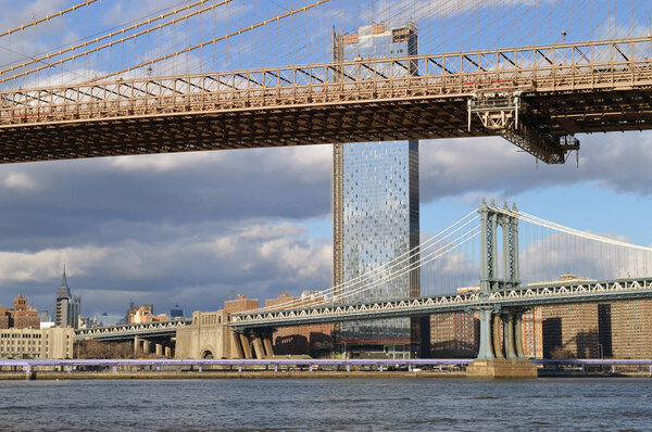 Bridges of New York City at sunset.