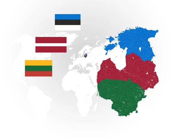 Mapa państw bałtyckich z jeziorami i rzekami oraz flagi narodowe — Wektor stockowy