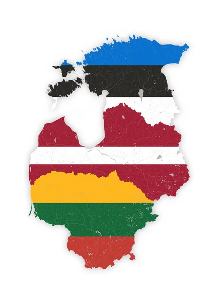 Карта країн Балтії з річками і озерами в кольорах національних прапорів. — стоковий вектор