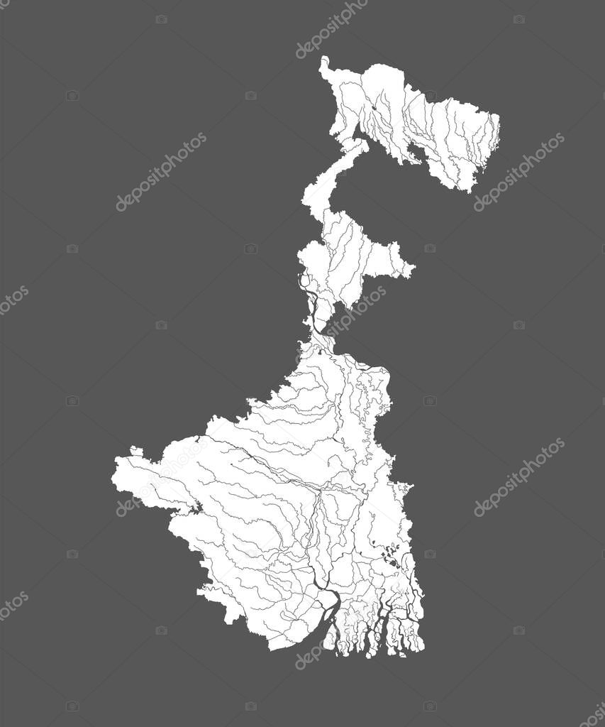 India states - map of West Bengal. Hand made. Rivers and lakes are shown. Please look at my other images of cartographic series - they are all very detailed and carefully drawn by hand WITH RIVERS AND LAKES.