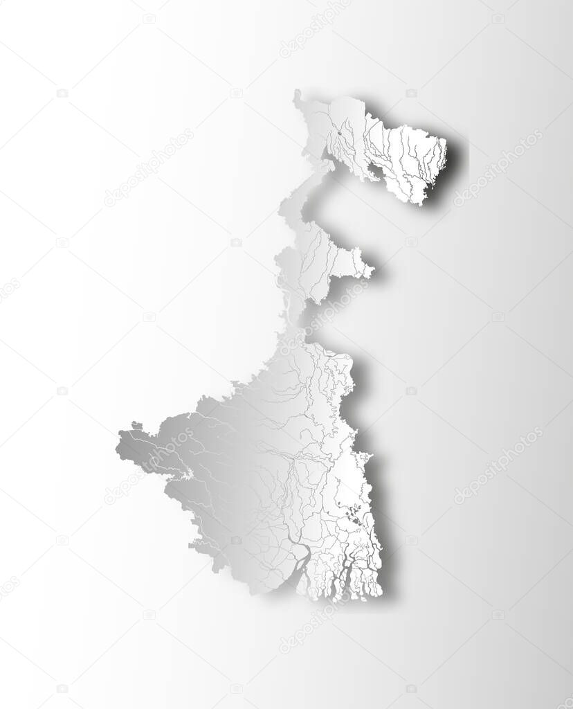 India states - map of West Bengal with paper cut effect. Rivers and lakes are shown. Please look at my other images of cartographic series - they are all very detailed and carefully drawn by hand WITH RIVERS AND LAKES.