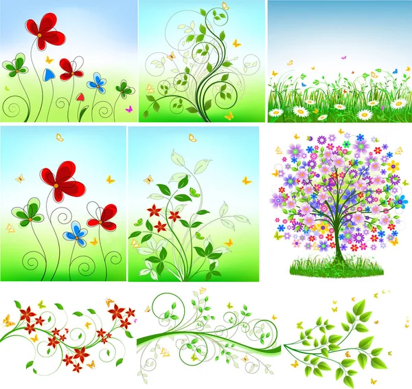 ユニークに作成された花の要素と花の背景 — ストックベクタ