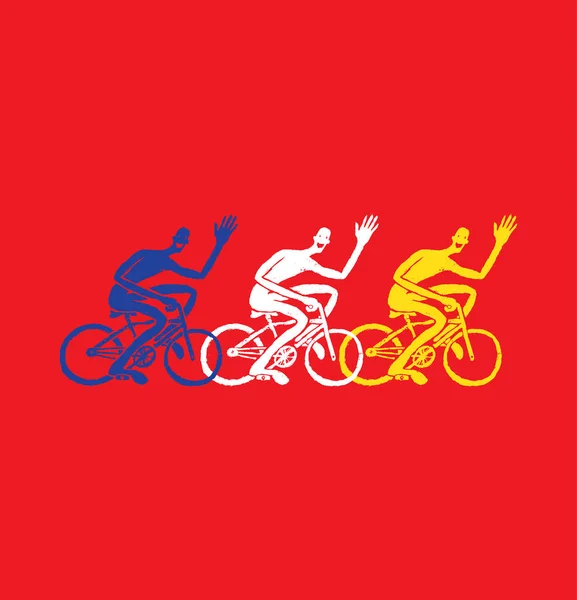 Três ciclistas, corrida de ciclismo. Ilustração. Vetor  . — Vetor de Stock