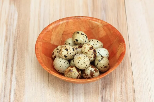Partridge Eggs Bowl Quail Spotted Eggs Bowl Wooden Table — Stock Photo, Image