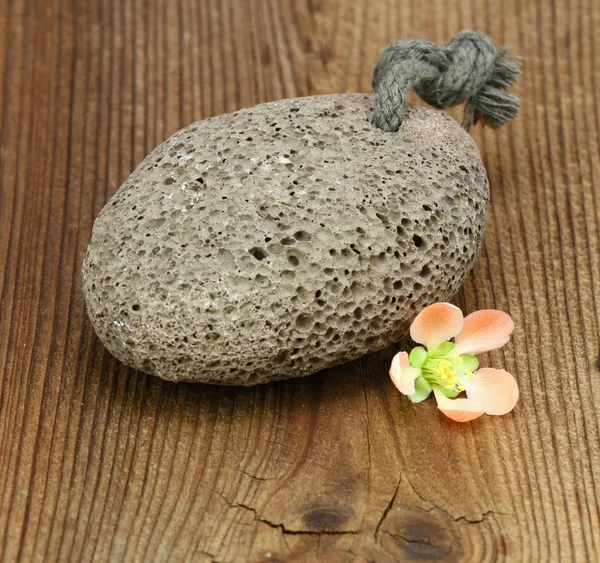 Pumice Stone Decorated Flower Items Daily Hygiene Brown Wooden Board — Stock Photo, Image