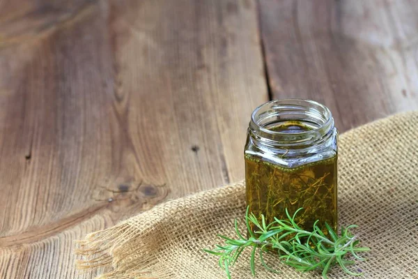 Fresh Herbal Skincare Cosmetics Herbal Oil Fresh Rosemary Leaves Burlap — Stock Photo, Image