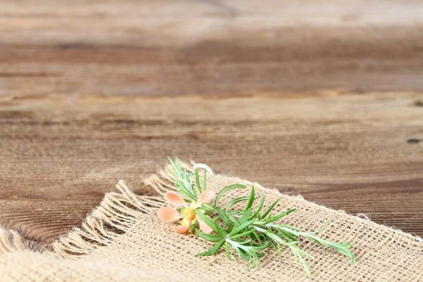 Natural Background Pink Flower Rosemary Leaves Good Organic Cosmetics Burlap — Stock Photo, Image