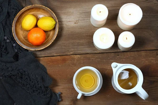 Hygge Autumn Winter Time Tea Flat Lay Candles Lemon Tangerin — Stock Photo, Image