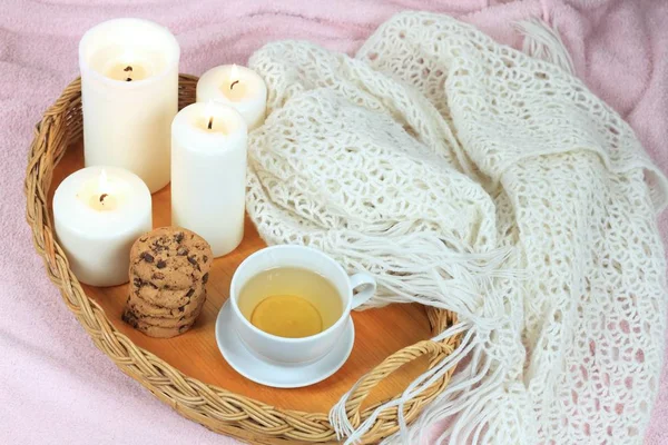 Hygge Autumn Winter Time Tea Flat Lay Tea Cookies Candles — Stock Photo, Image