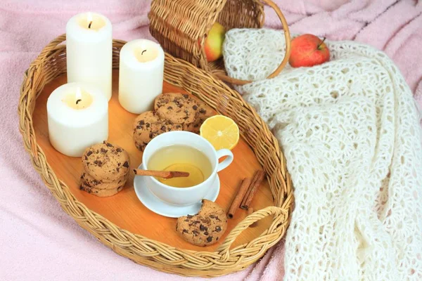 Hygge Automne Hiver Pour Thé Pose Plate Avec Thé Biscuits — Photo