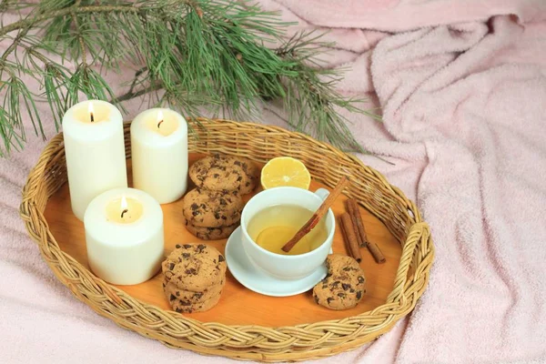 Hygge Autumn Winter Time Tea Flat Lay Tea Cookies Candles — Stock Photo, Image