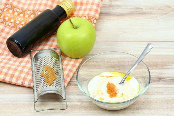 Face Masker Van Apple Vette Crème Olijfolie Ingrediënten Voor Makkelijk — Stockfoto