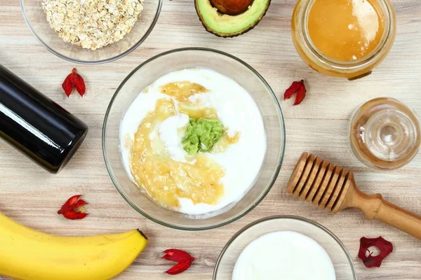 Ingredients Easy Homemade Facial Mask Banana Avocado Honey Olive Oil — Stock Photo, Image