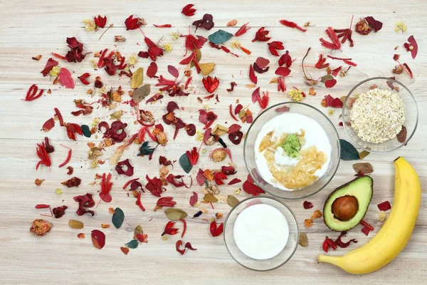 Ingredients Easy Homemade Facial Mask Banana Avocado Honey Olive Oil — Stock Photo, Image