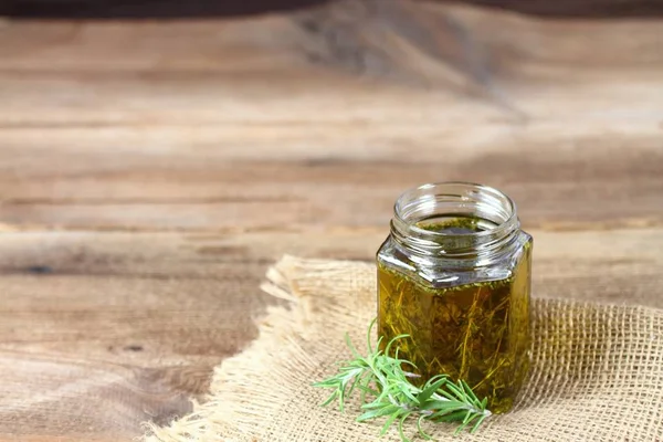 Herbal Skincare Cosmetics Herbal Oil Fresh Rosemary Leaves Burlap Brown — Stock Photo, Image