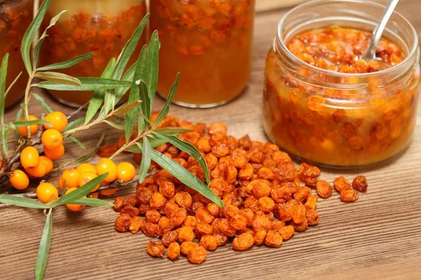 Sušená Mořská Bobule Hippophae Rhamnoides Medu Podmořský Trn Smíchaný Medem — Stock fotografie