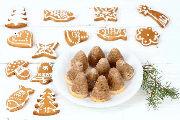 白盘子上的圣诞糖果 Xmas 自制糖果命名黄蜂蜂巢在盘子和姜饼周围 — 图库照片